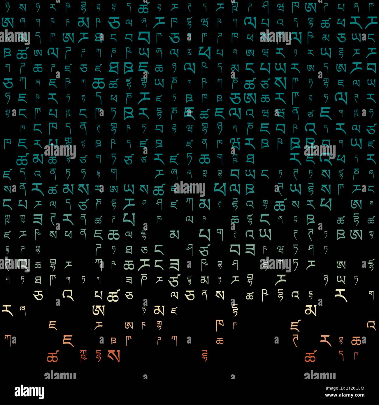 Accattivante sfondo a matrice in colori giallo-blu. Griglia di simboli tibetani casuali. Elegante illustrazione vettoriale quadrata. Illustrazione Vettoriale