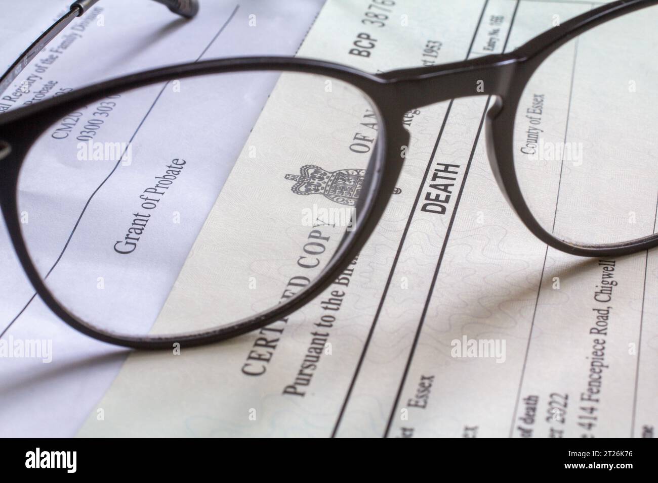 Concessione di Probate, un documento legale per vendere beni e saldare debiti, dopo che la persona ha lasciato un testamento, con certificato di morte Foto Stock