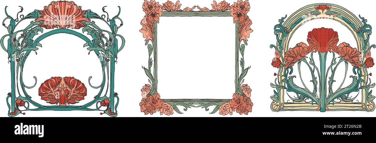 Set vettoriale a tre cornici di fiore di garofano rosso elemento di design art nouveau Illustrazione Vettoriale