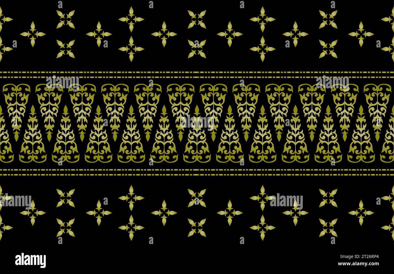 Tradizionale Songket verde tessuto malese classico come batik dall'Indonesia o motivo etnico con fili d'oro vettoriali, mandala floreale dalla malesia Illustrazione Vettoriale