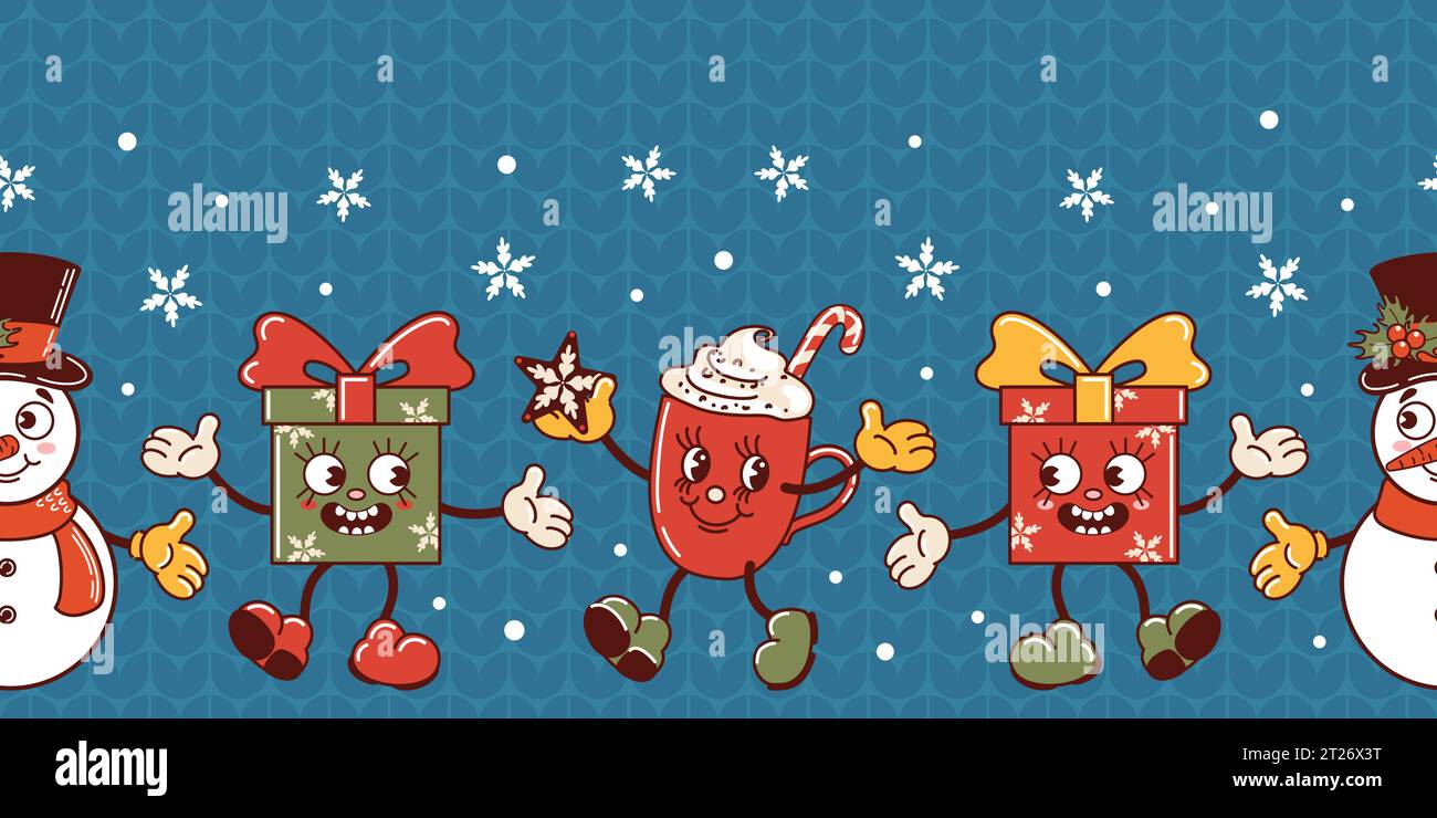 Pupazzo di neve, regalo di Natale, tazza di cioccolata calda, canna da zucchero. Simpatici personaggi in stile cartoni animati retrò che ballano. Bordo orizzontale senza cuciture. swea a maglia brutta Illustrazione Vettoriale