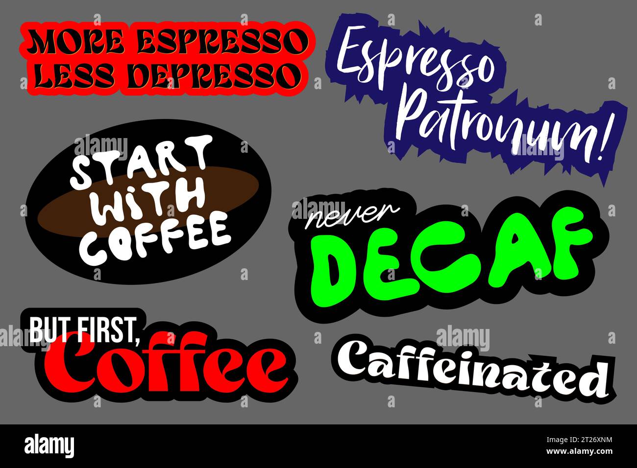 Set di adesivi per caffè, per barista, dipendente dal caffè, design decorativo per bar, formato vettoriale Illustrazione Vettoriale