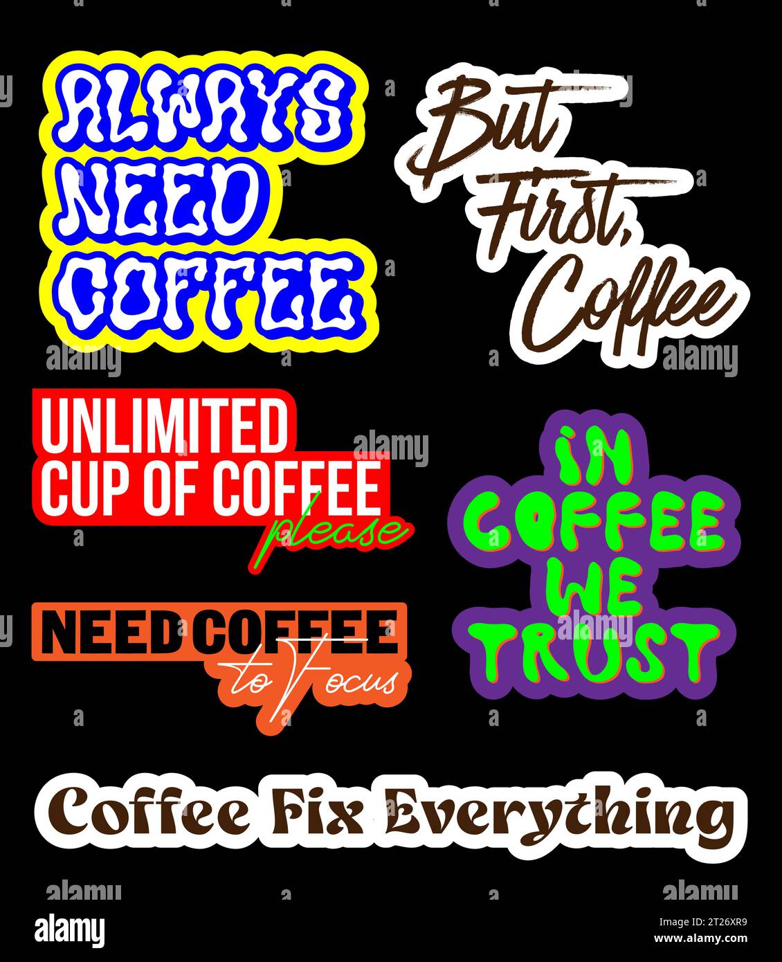 Set di adesivi per caffè, per barista, dipendente dal caffè, design decorativo per bar, formato vettoriale Illustrazione Vettoriale