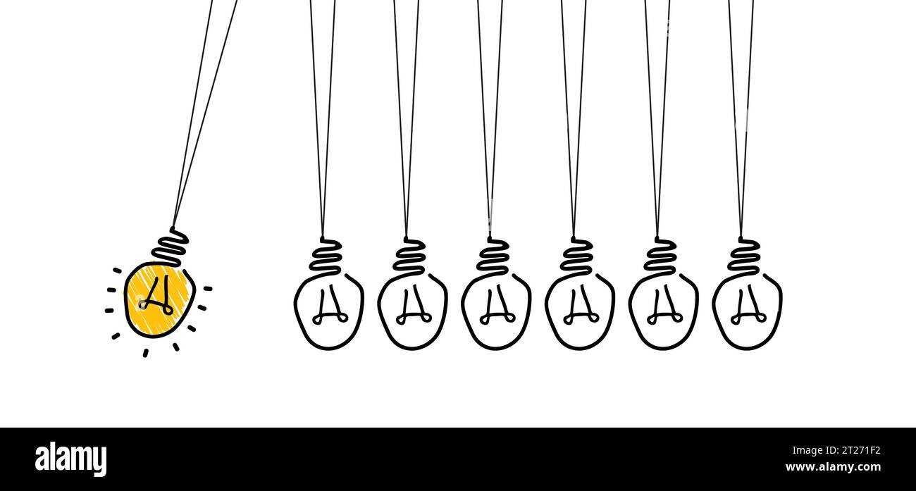 La culla di Newton, il pendolo con lampada oscillante, le idee per le lampadine. Business, leadership, lavoro di squadra o concetto di comunicazione. Palle di equilibratura appese di ne Foto Stock