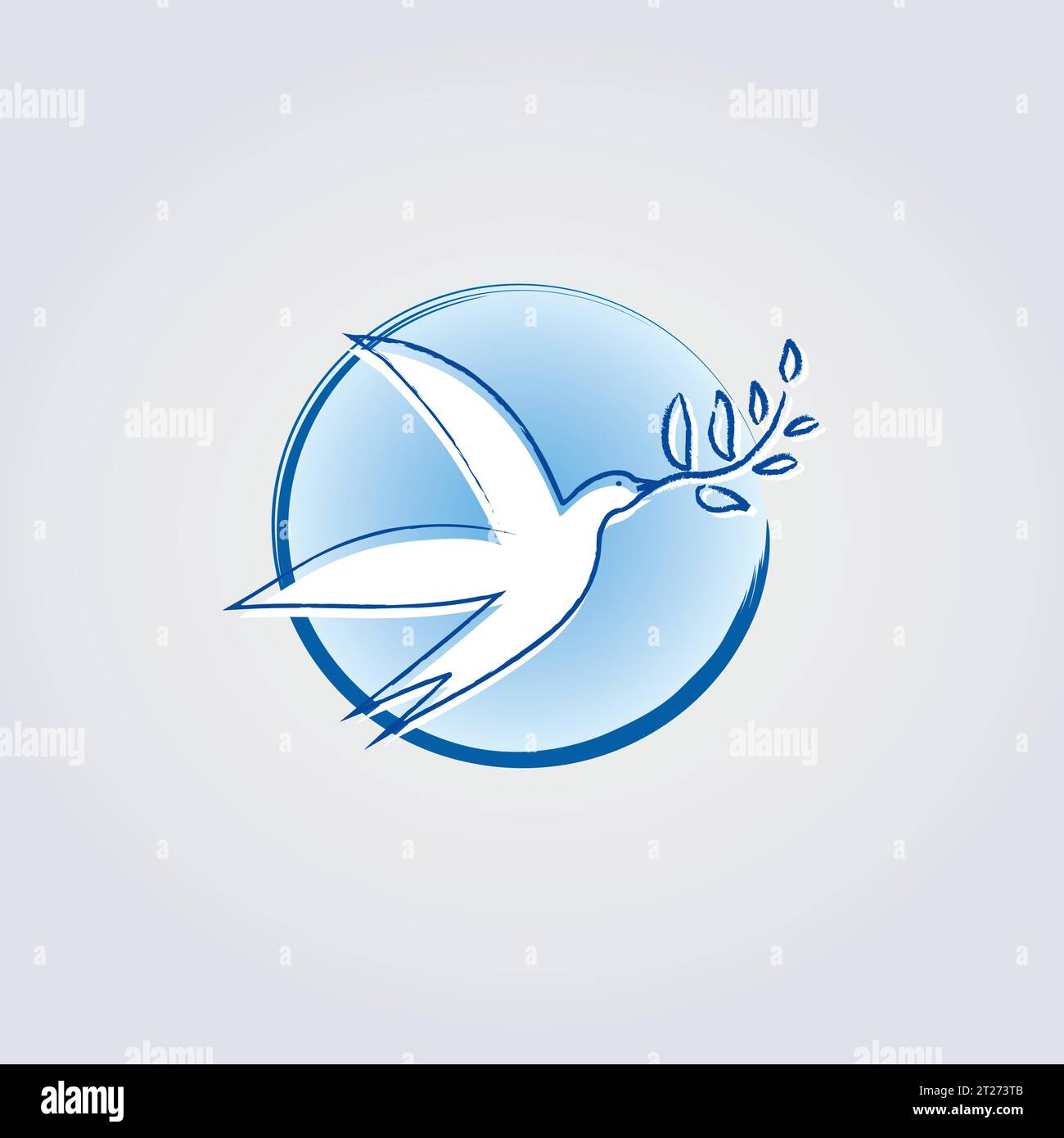 Bird with Olive Branch - simbolo di Pace - Blue Circle background - nuvole e Tramonto colori vibranti Illustrazione Vettoriale