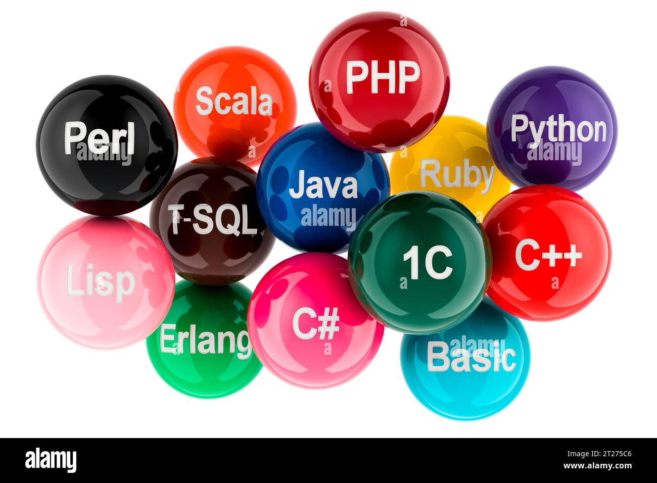 Palline colorate con nomi di linguaggi di programmazione, rendering 3D isolato su sfondo bianco Foto Stock