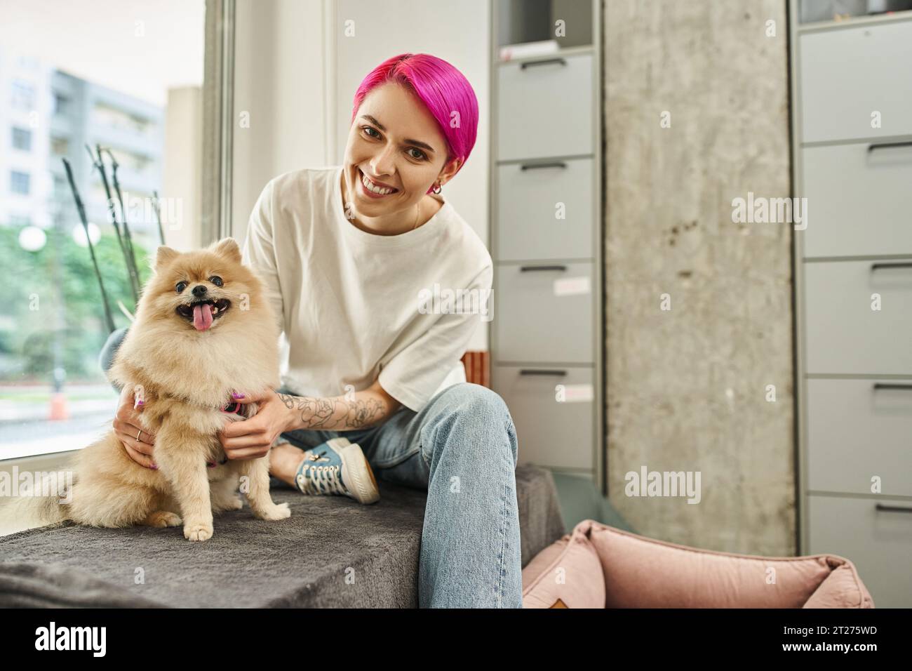 allegra dog sitter con i capelli viola che abbraccia il divertente spitz della pomerania e sorride davanti alla macchina fotografica nell'hotel per animali domestici Foto Stock