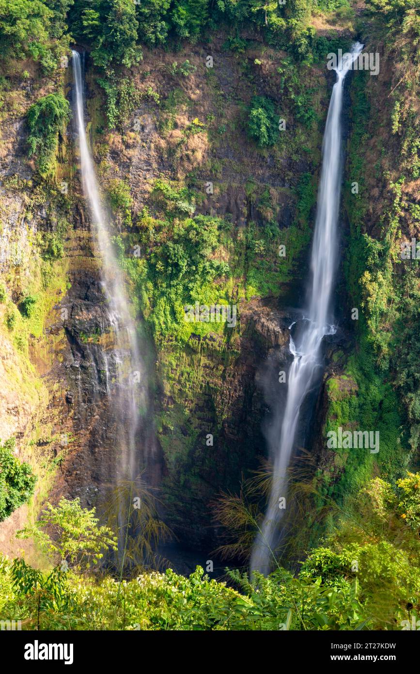 Due cascate da 120 metri, nel Parco Nazionale di Dong Hua Sao sull'Altopiano di Bolaven. Che cadono in una profonda gola, splendide vedute dal resort di Tad Fane Foto Stock