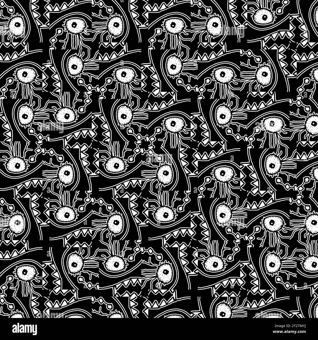 Motivo per il disegno della testa del mostro mutante modello di composizione scura in stile lineare bianco e nero Foto Stock