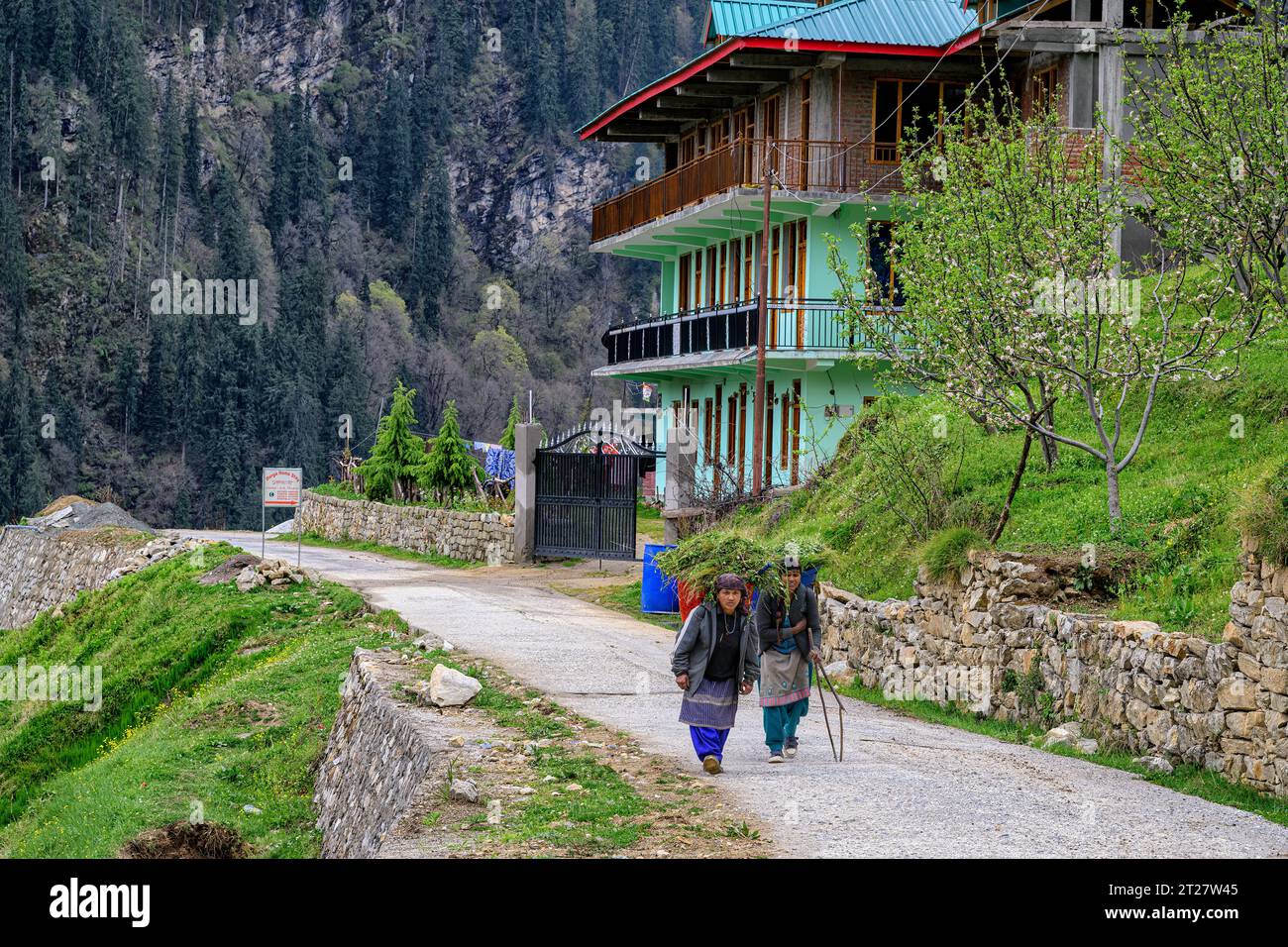 Due abitanti del villaggio camminano davanti al Durga Homestay sulla strada per il villaggio di Sharchi in Himachal Pradesh Foto Stock