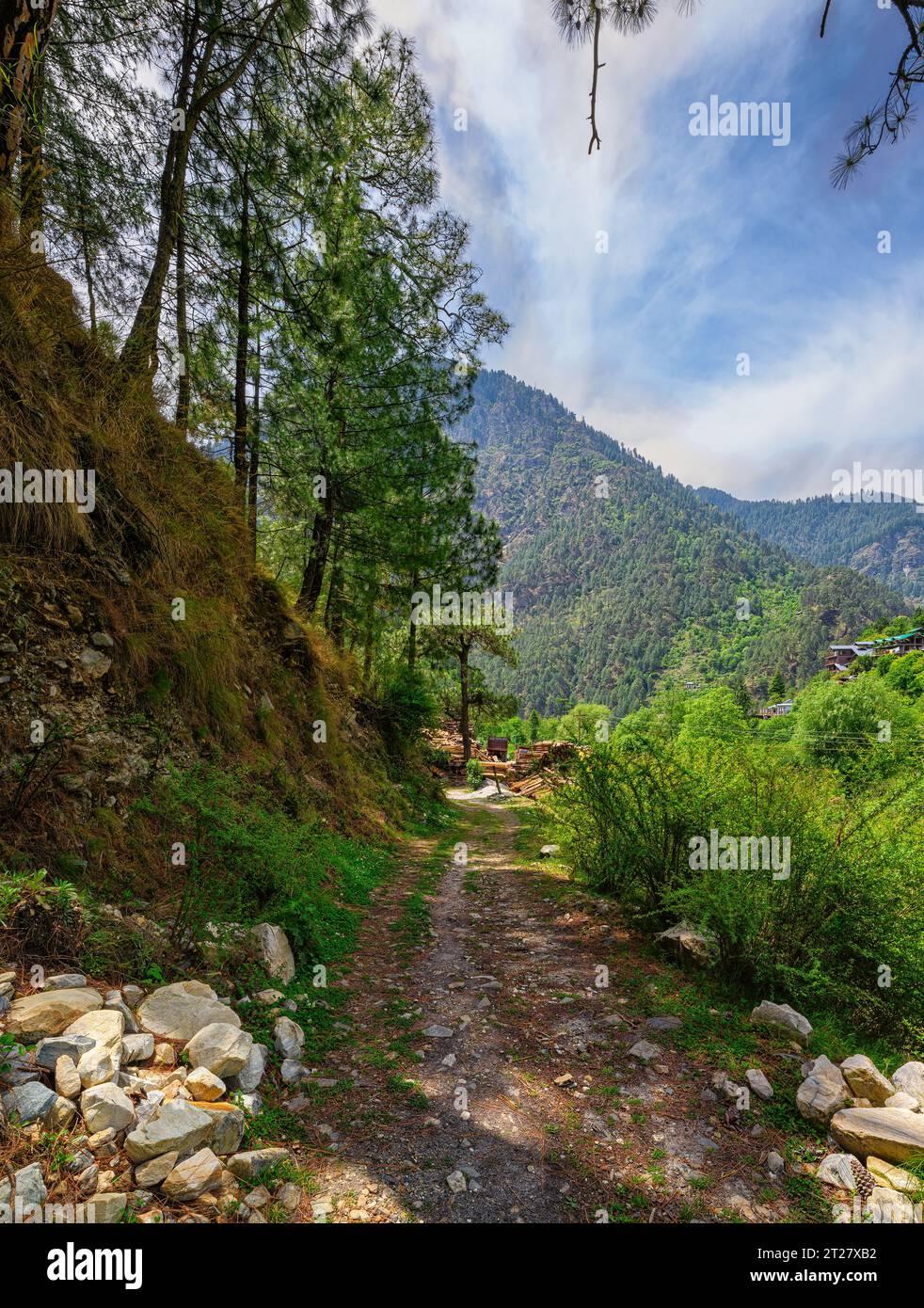 Sentiero per passeggiate nella valle di Tirthan che conduce ai cottage di pesca andati Foto Stock