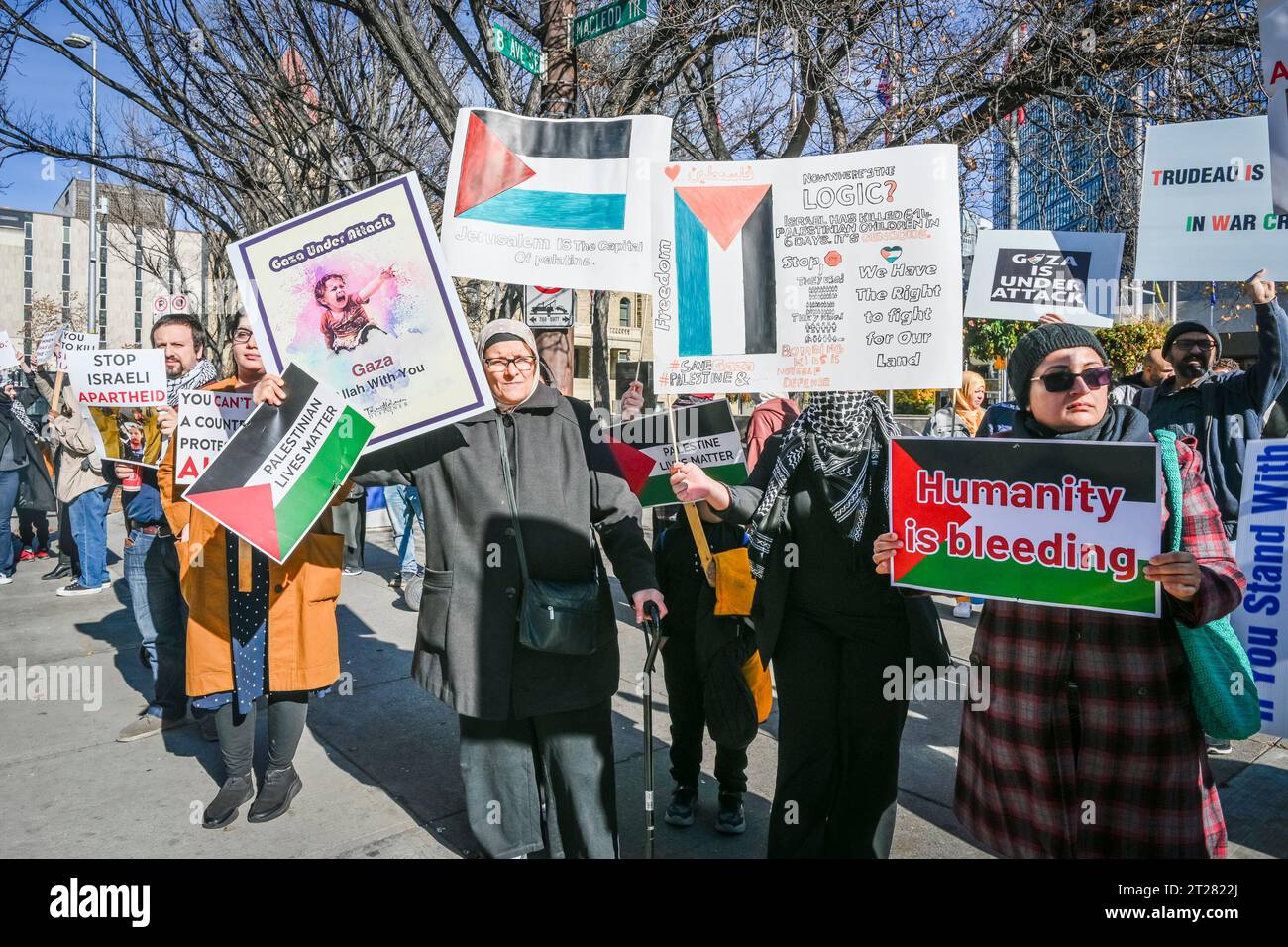I manifestanti palestinesi denunciano la violenza e le ingiustizie contro il popolo palestinese a Gaza, nel centro di Calgary, Alberta, Canada Foto Stock