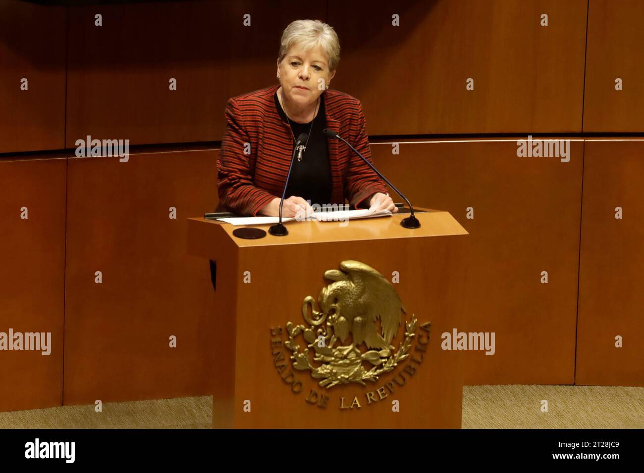 Città del Messico, Messico. 17 ottobre 2023. Il Cancelliere del Messico, Alicia Barcena, appare davanti al Senato presieduto da Ana Lilia Rivera nel Gloss of the V Government Report del presidente del Messico, Andres Manuel Lopez Obrador al Senato di città del Messico. Il 17 ottobre 2023 a città del Messico, Messico (Credit Image: © Luis Barron/eyepix via ZUMA Press Wire) SOLO PER USO EDITORIALE! Non per USO commerciale! Foto Stock