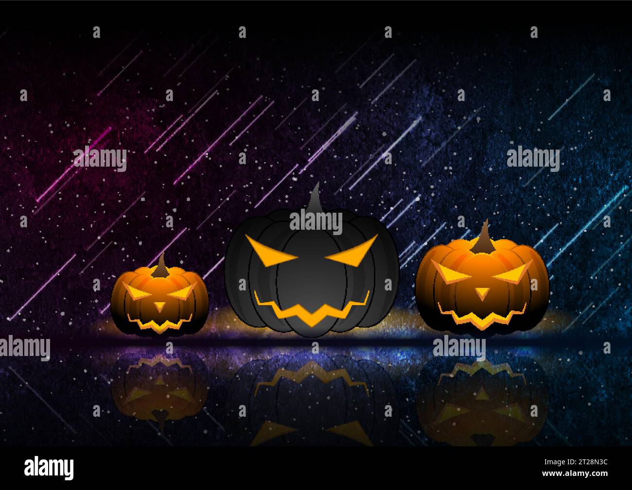 Zucche jack-o-lantern su sfondo grunge neon piovoso. Cupo design vettoriale cyberpunk di Halloween Illustrazione Vettoriale