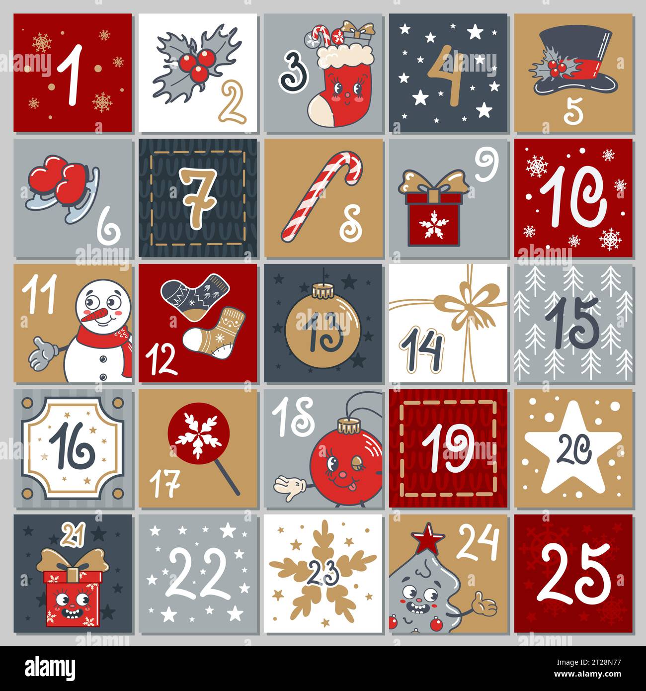 Carino calendario dell'avvento. 25 finestre con numeri. Pupazzo di neve, regalo di Natale, tazza di cioccolata calda, dolci, regali, canna da zucchero. Carino vecchio stile cartoni animati retrò Illustrazione Vettoriale