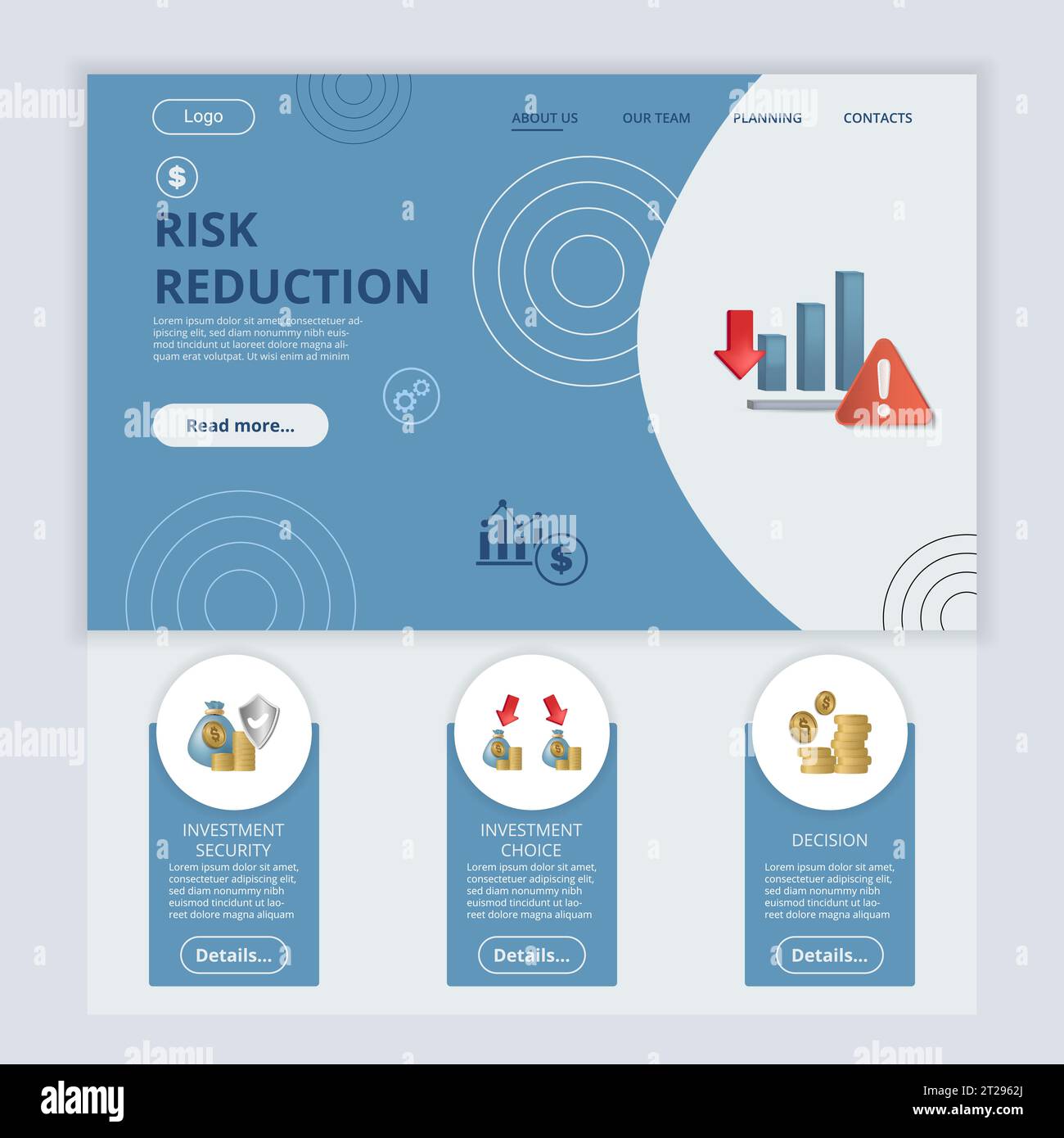 Modello di pagina di destinazione piatta per la riduzione dei rischi. Sicurezza degli investimenti, scelta degli investimenti, decisione. Banner Web con intestazione, contenuto e piè di pagina Illustrazione Vettoriale