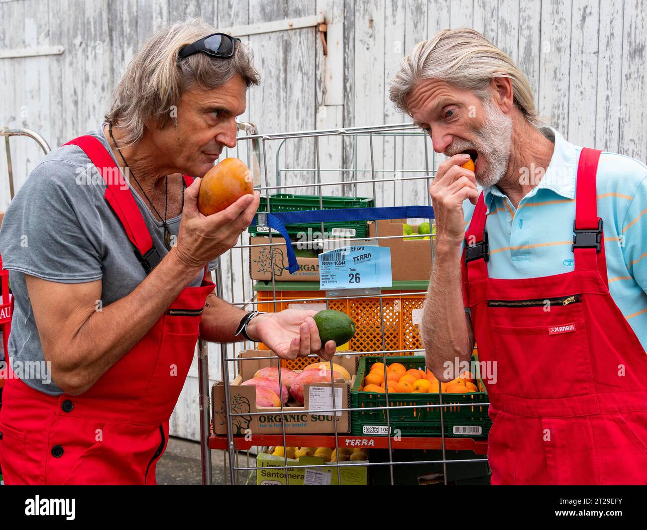 Consegna nel commercio biologico, uomini su carrelli davanti al magazzino, ispezione della qualità, odore di frutta, fornitura al dettaglio e trasporto, Germania Foto Stock