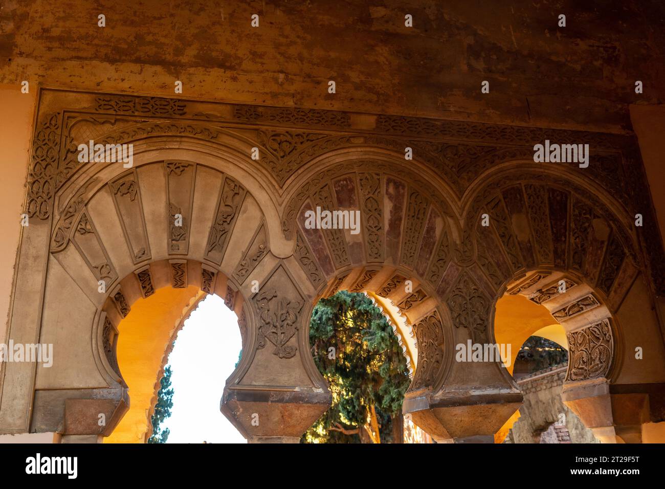 Dettaglio di preziose finestre e porte arabe all'interno dell'Alcazaba nella città di Malaga, Andalusia. Spagna. Fortezza medievale in stile arabo Foto Stock