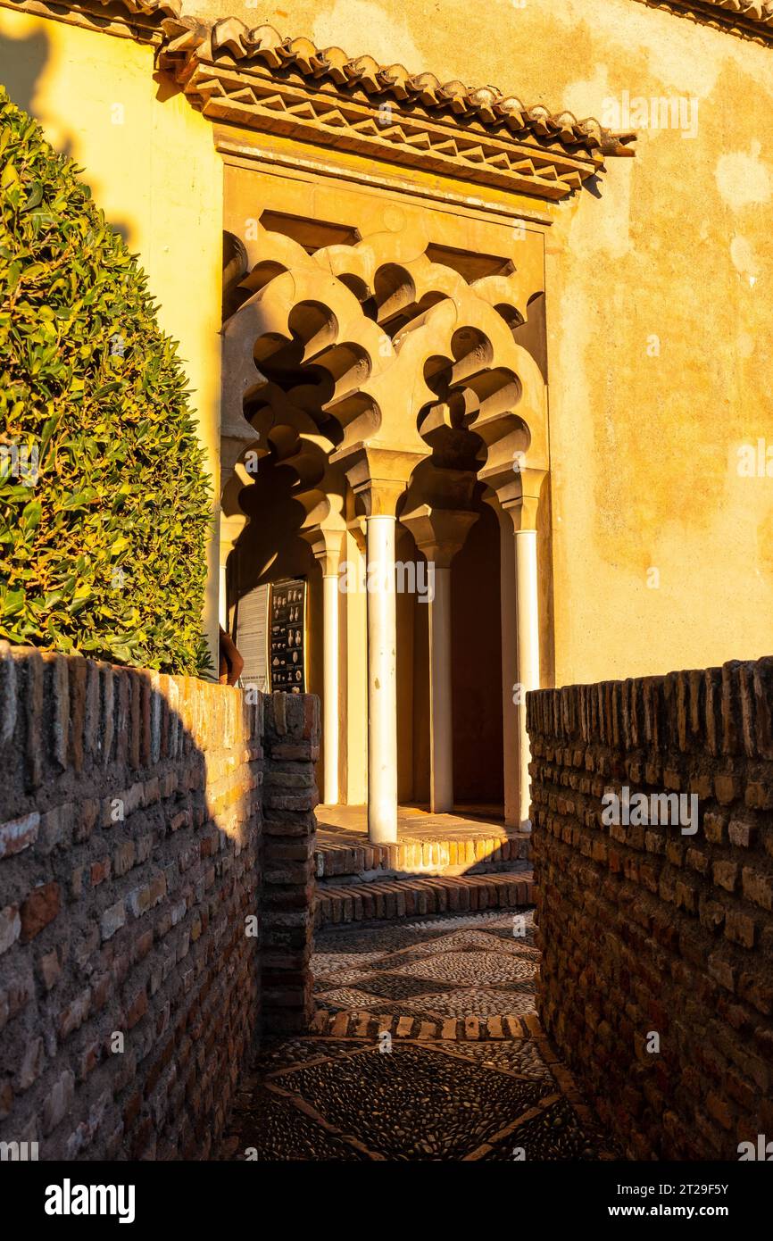 Dettaglio di preziose finestre e porte arabe all'interno dell'Alcazaba nella città di Malaga, Andalusia. Spagna. Fortezza medievale in stile arabo Foto Stock