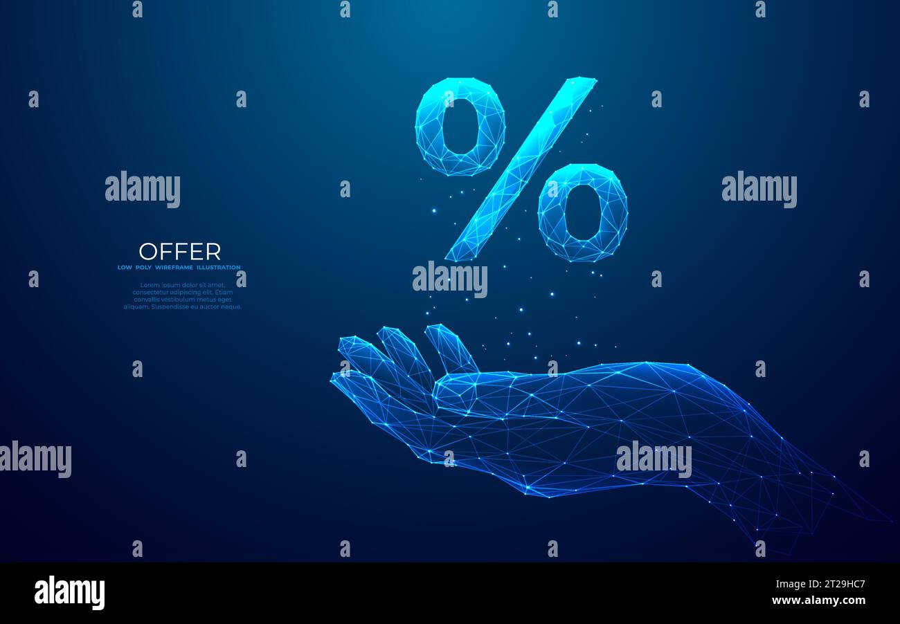 Icona mano astratta e offerta di sconto. Percentuale ologramma blu Illustrazione Vettoriale