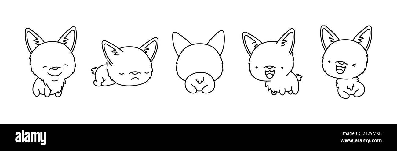 Set di pagina isolata da colorare per cani Kawaii Welsh Corgi. Carino profilo Vector Kawaii Dog. Illustrazione Vettoriale