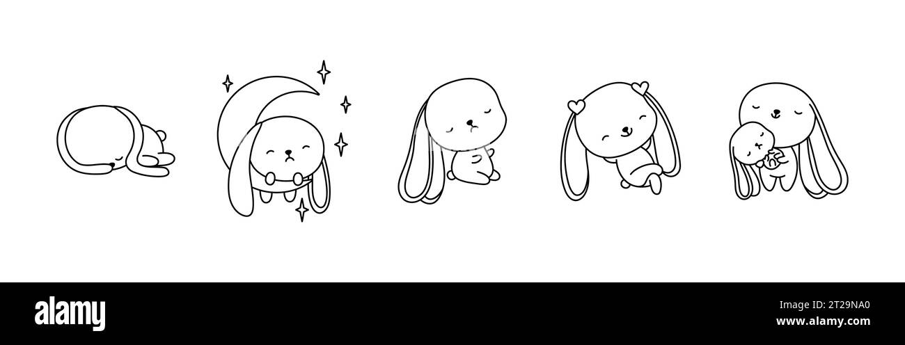 Set di Cartoon Isolated Bunny Coloring Page. Carino profilo Vector Kawaii Hare. Illustrazione Vettoriale