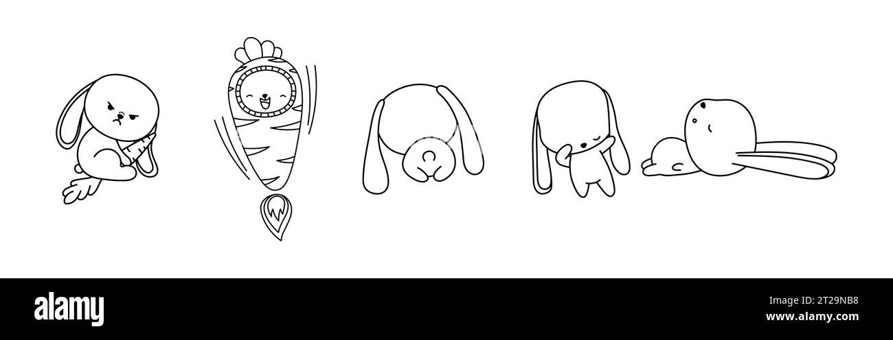 Set di Cartoon Isolated Bunny Coloring Page. Carino profilo Vector Kawaii Hare. Illustrazione Vettoriale