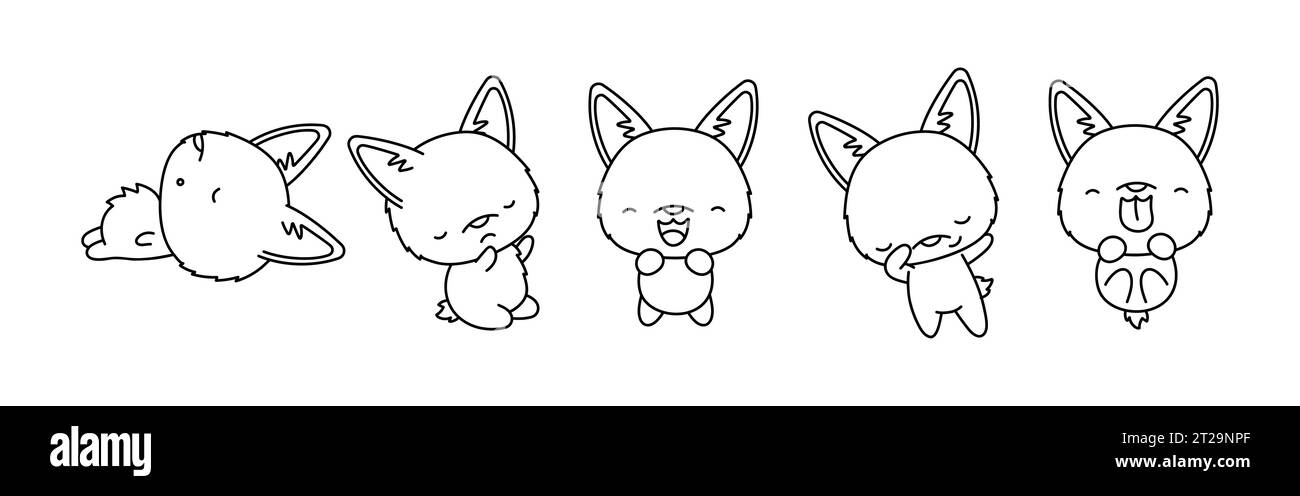 Set di pagina isolata da colorare per cani Kawaii Welsh Corgi. Carino profilo Vector Kawaii Dog. Illustrazione Vettoriale