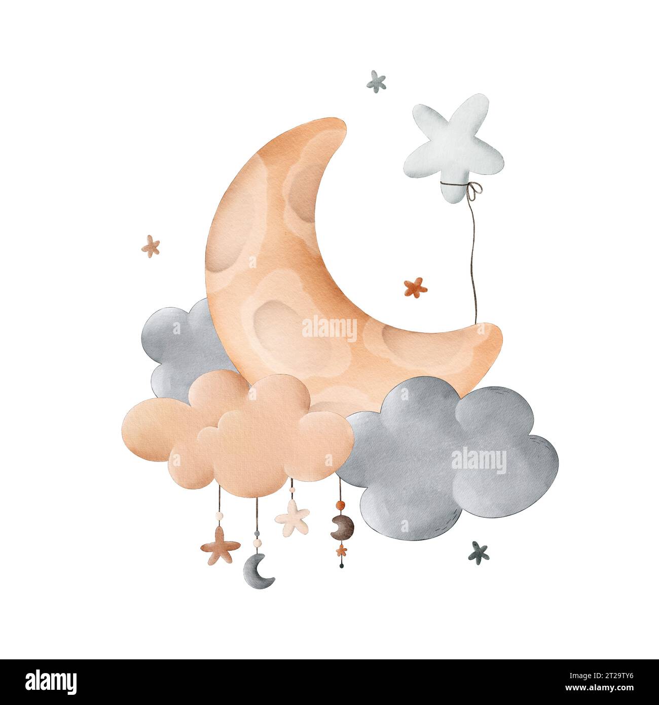 Illustrazione ad acquerello per bambini con la luna tra le nuvole e le stelle. Palloncino nel cielo. Perfetto per stampe, imballaggi, poster, vestiti, cartoline Foto Stock