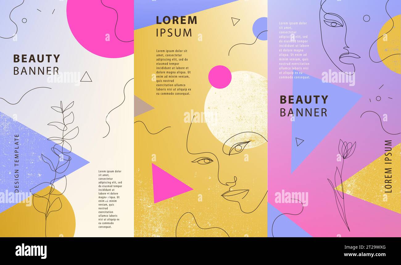 Set vettoriale di coperture sfumate per storie di social media, schede, volantini, poster, app mobile, banner. Forme geometriche e linea continua donna Illustrazione Vettoriale