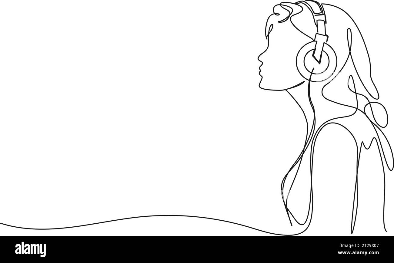 disegno continuo a linea singola di una giovane donna che indossa cuffie che ascolta musica, illustrazione vettoriale line art Illustrazione Vettoriale