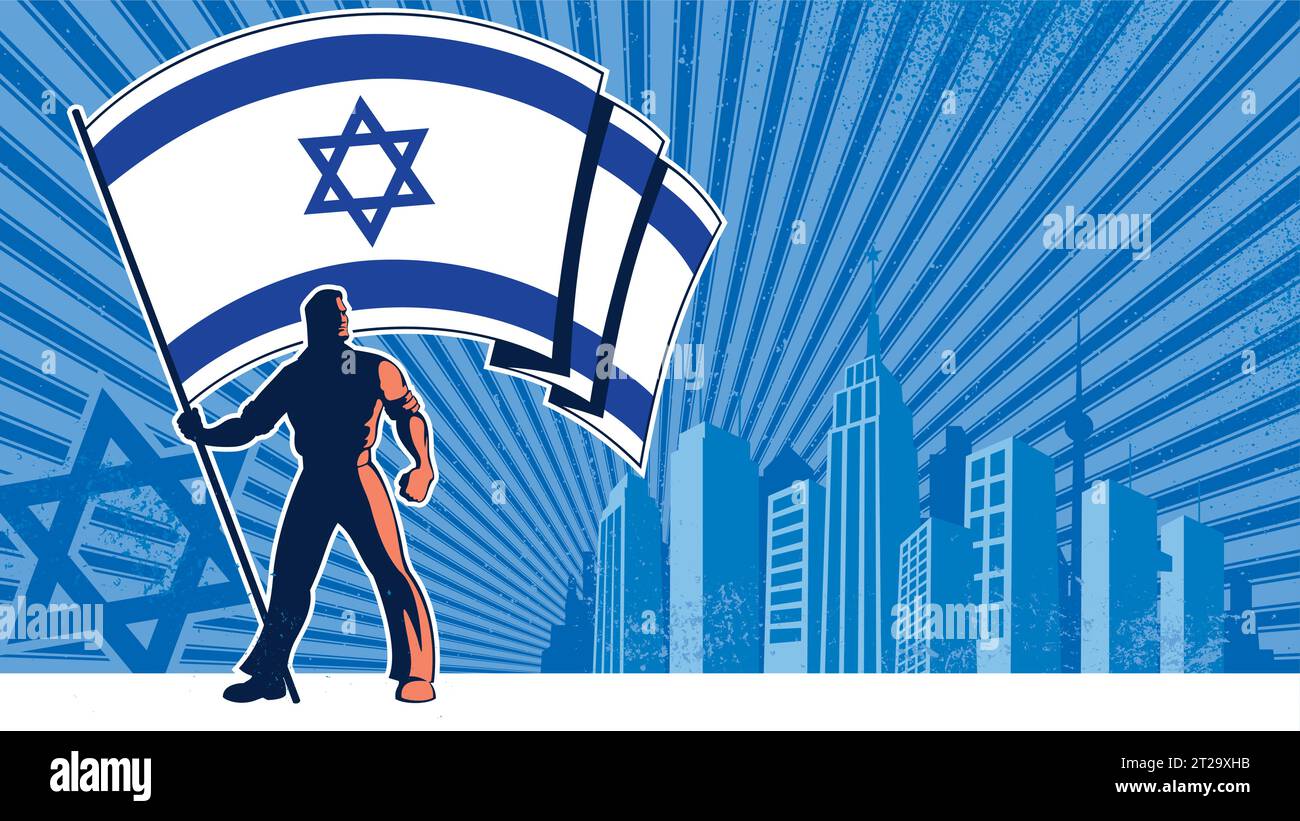 Sfondo in stile vintage 4k con uomo forte che regge la bandiera israeliana, sullo sfondo della città con vivaci tonalità e texture blu. Illustrazione Vettoriale