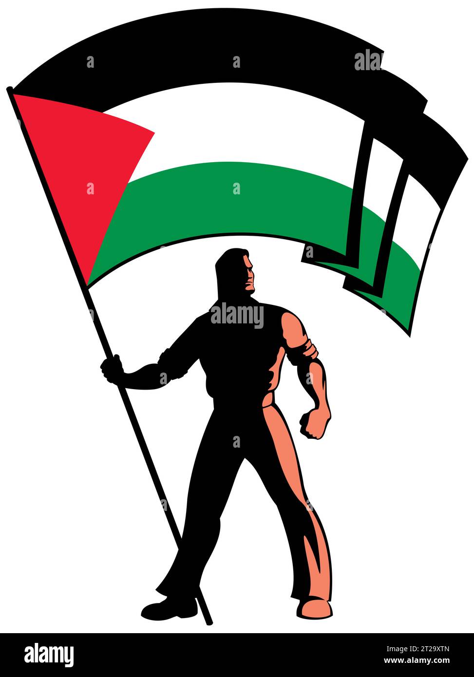 Illustrazione stilizzata di un personaggio maschile che regge con orgoglio la bandiera palestinese, catturando un senso di forza e determinazione su sfondo bianco. Illustrazione Vettoriale