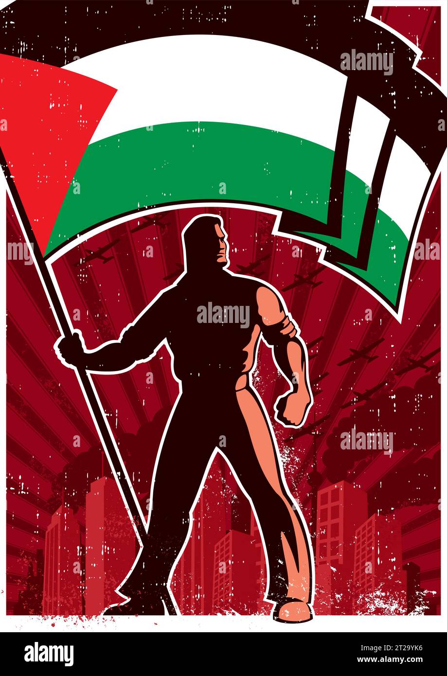 Poster in stile vintage con una figura potente in piedi con la bandiera palestinese in uno sfondo urbano e grintoso, che crea una rappresentazione visiva sorprendente del nazionalismo e dell'orgoglio. Illustrazione Vettoriale