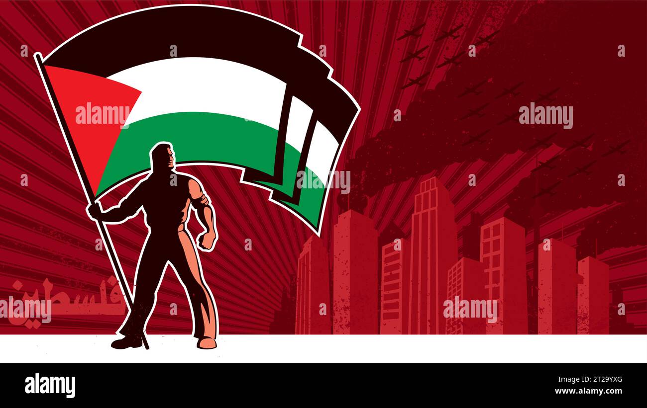 Poster in stile vintage con una figura potente in piedi con la bandiera palestinese in uno sfondo urbano e grintoso, che crea una rappresentazione visiva sorprendente del nazionalismo e dell'orgoglio. Illustrazione Vettoriale