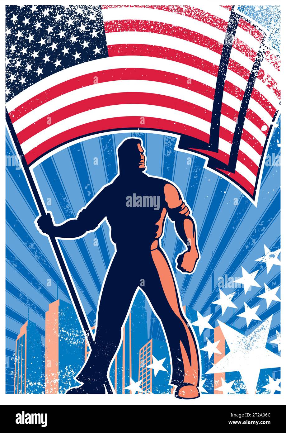 Poster in stile vintage con una silhouette audace sullo sfondo della bandiera americana, impreziosito da linee dinamiche e un moderno paesaggio urbano. Illustrazione Vettoriale