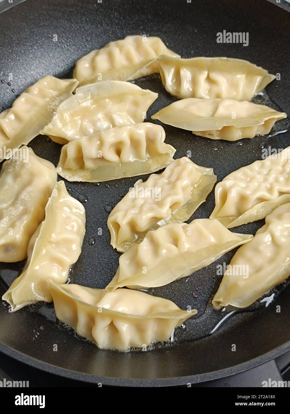 diversi gyoza che cucinano in una padella Foto Stock