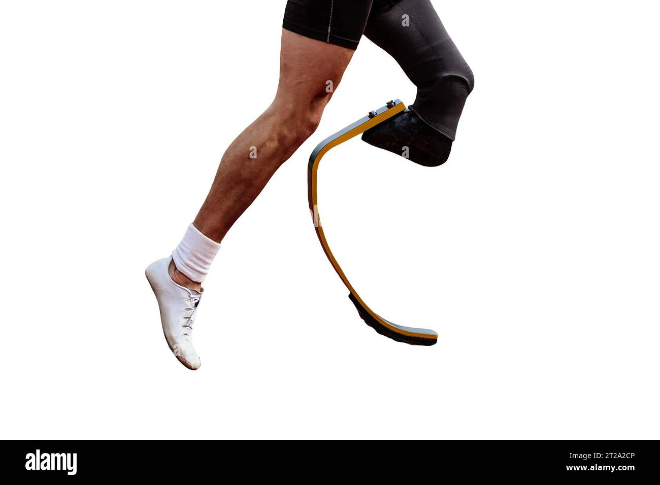 gambe runner para-atleta su pista da corsa protesi stadio isolato su sfondo bianco Foto Stock