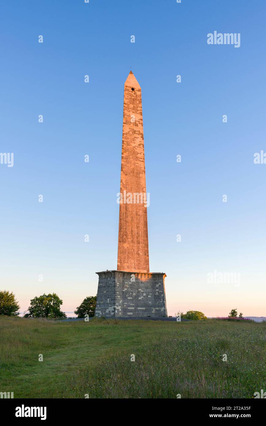 Wellington Monument su Wellington Hill alla luce del sole di prima mattina nelle Blackdown Hills, Somerset, Inghilterra. Foto Stock