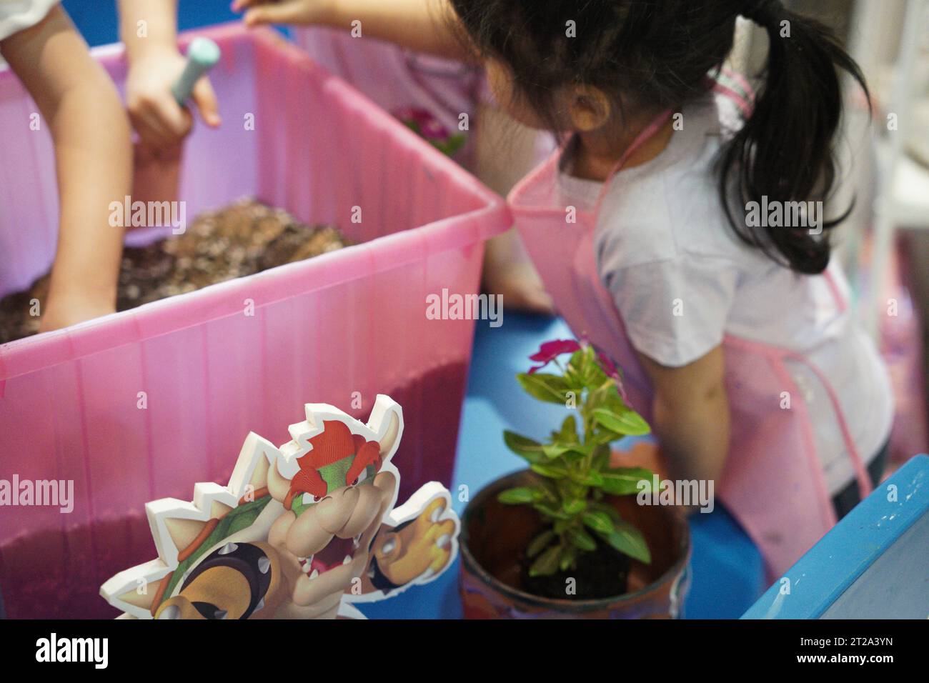 Bambini che fanno giardinaggio a casa. bambini che giardinano un bel fiore su una pentola. Foto Stock