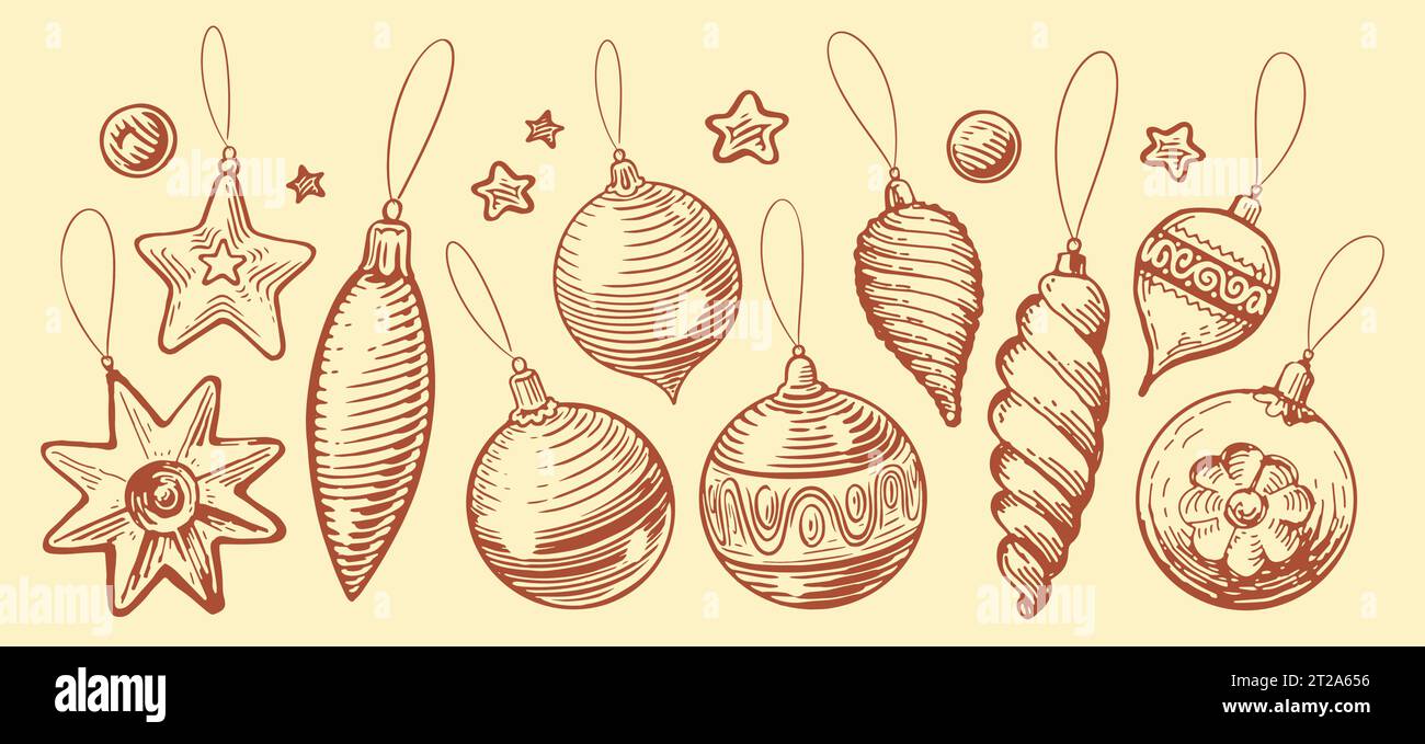 Set di palline di Natale disegnate a mano e bauble. Decorazioni natalizie. Disegna e disegna l'illustrazione vettoriale Illustrazione Vettoriale