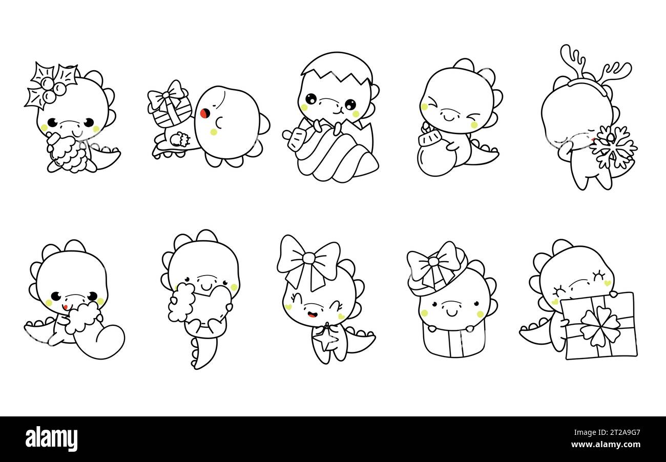 Set di Kawaii Christmas Dino Coloring Page. Collezione di simpatici disegni Vector Christmas Dinosaur Outline Illustrazione Vettoriale
