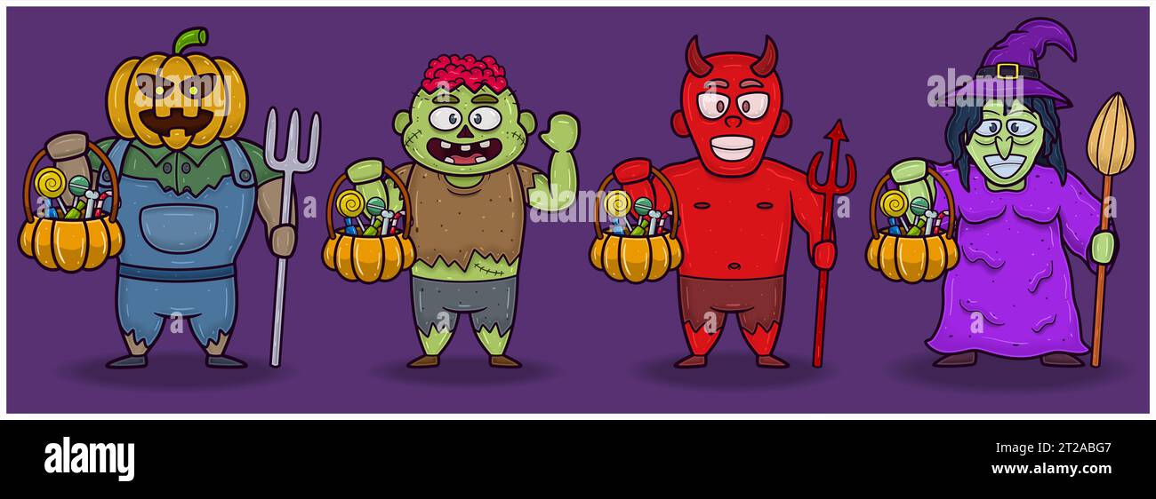 Monster Pumpkin, Zombie, Red Devil e Witch. Halloween Set Mascot. Vettori e illustrazioni. Illustrazione Vettoriale