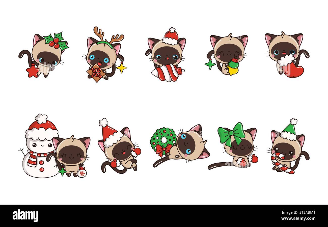 Set di Vector Christmas Siamese Cat. Collezione di Kawaii Isolated Christmas Kitten Art for Stickers Illustrazione Vettoriale