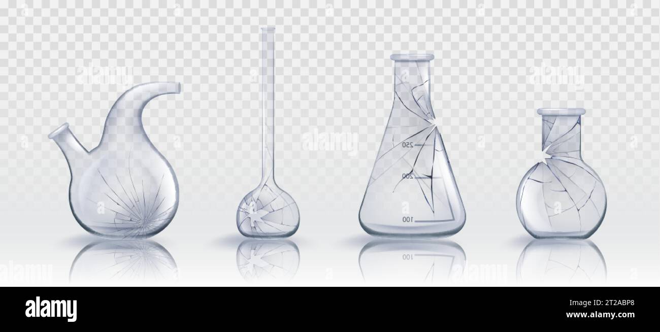 Matracci di misurazione chimica da laboratorio in vetro rotto e provette per analisi in set di illustrazioni vettoriali realistiche. Vetreria da laboratorio rotta con crepe, fori e sc Illustrazione Vettoriale