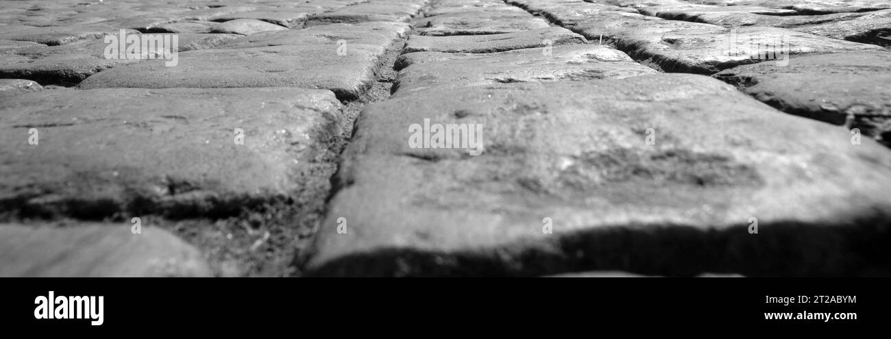 Strada lastricata con pietre antiche su sfondo bianco e nero Foto Stock