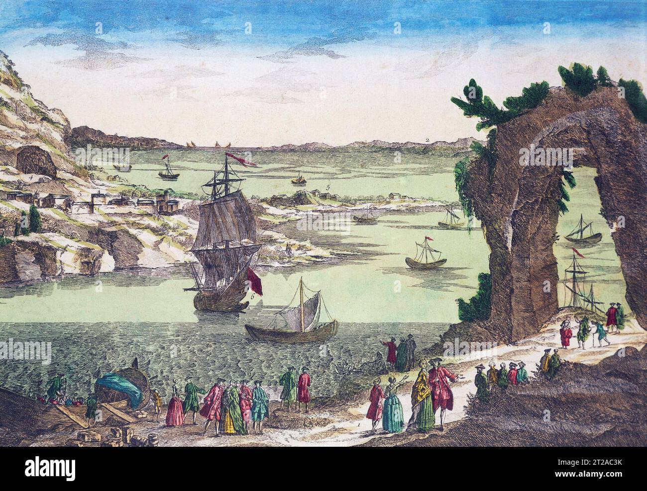 Lo sbarco dei francesi, per la fondazione della nuova colonia, nel porto di Nouvelle-Cayenne, o Francia equinocziale, inciso sul disegno realizzato sul posto da un ufficiale spagnolo nel 1762 Foto Stock