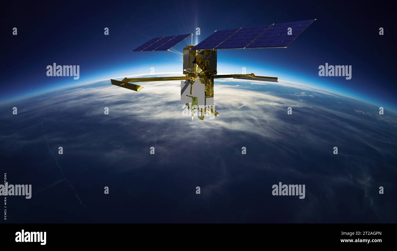 . SWOT Orbiting Earth (massa orbitante SWOT) (illustrazione). Questa figura mostra il satellite SWOT (Surface Water and Ocean Topography) con array solari completamente distribuiti. Misurando 48,8 piedi (14,9 metri) di lunghezza con un'area di 335 piedi quadrati (31 metri quadrati), i due array rimarranno puntati verso il Sole tramite piccoli motori per fornire 8 kilowatt di potenza; la navicella spaziale ha un fabbisogno di energia totale di 1,5 kilowatt. Il cuore scientifico del satellite SWOT è lo strumento Ka-band radar Interferometer (Karin), che misurerà l'altezza dell'acqua nei laghi, nei fiumi, nei bacini e negli oceani della Terra. Per farlo, K Foto Stock