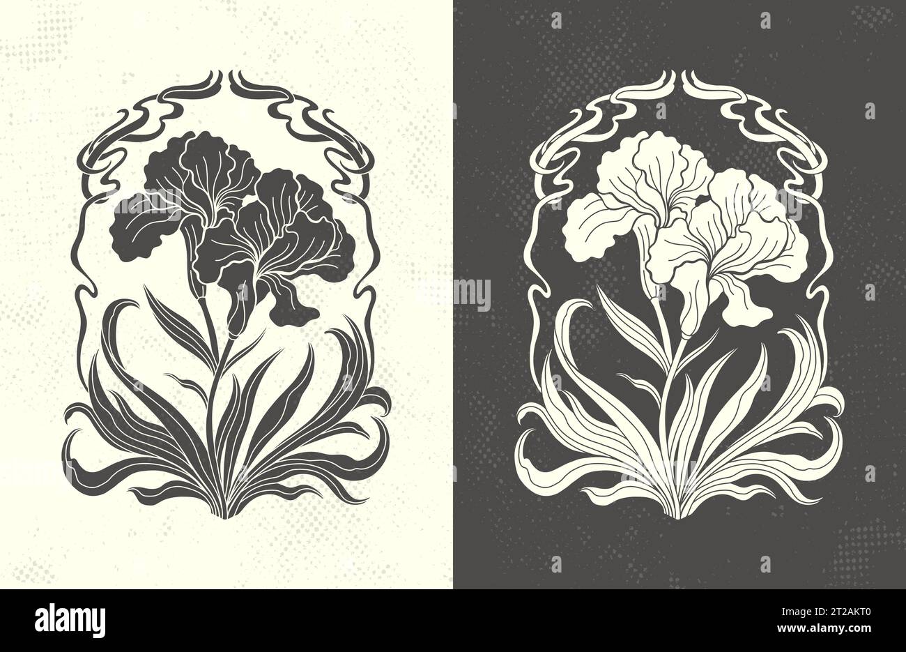 Incorniciato da un fiore di Iris nello stile Art Nouveau. Splendida composizione floreale vintage Iris 1920-1930 anni. Illustrazione Vettoriale