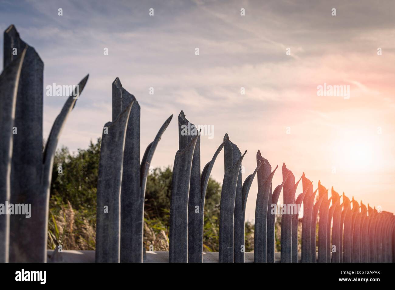 recinzione metallica con picchi, concetto di sicurezza. Foto Stock